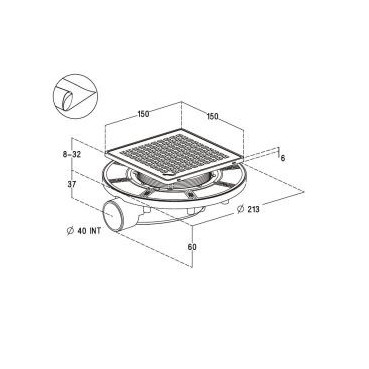 Siphon pour sols carrelés faible hauteur avec grille et cadre inox 304 sortie horizontale diamètre Ø 40mm - largeur 213mm - longueur 213mm Nicoll | SFH15INC