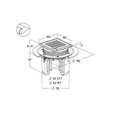 Siphon pour sols carrelés nouvelle génération avec grille et cadre inox 304 sortie verticale diamètre Ø 40mm x 50mm - largeur 100mm - longueur 100mm Nicoll | SICAX10IVNC