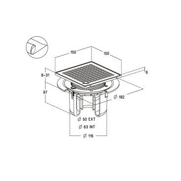 Siphon pour sols carrelés nouvelle génération avec grille et cadre inox 304 sortie verticale diamètre Ø 40mm x 50mm - largeur 150mm - longueur 150mm Nicoll | SICAX15IVNC