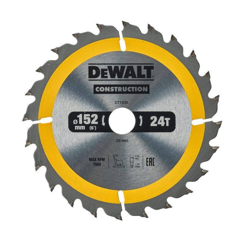 Lame Dewalt pour scie circulaire portative construction 152 x 20mm - 24 dents | DT1930-QZ