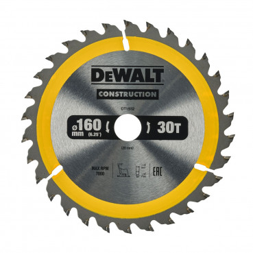 Lame Dewalt pour scie circulaire portative construction 160 x 20mm - 30 dents | DT1932-QZ