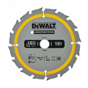 Lame Dewalt pour scie circulaire sans fil construction 165 x 20mm - 16 dents | DT1948-QZ