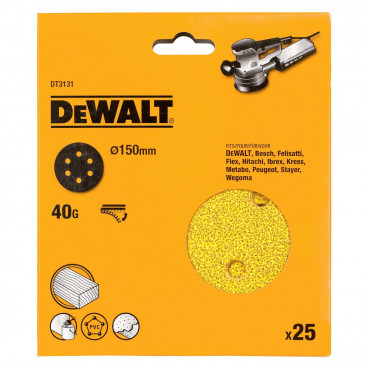 Disque abrasif velcro pour ponceuse excentrique Grain 40 - 6 trous diamètre 150mm Dewalt | DT3131-QZ