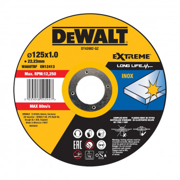 Disque à tronçonner l'inox 125 x 22,2mm - épaisseur 1mm - moyeu plat - diamètre 125mm Dewalt | DT43902-QZ