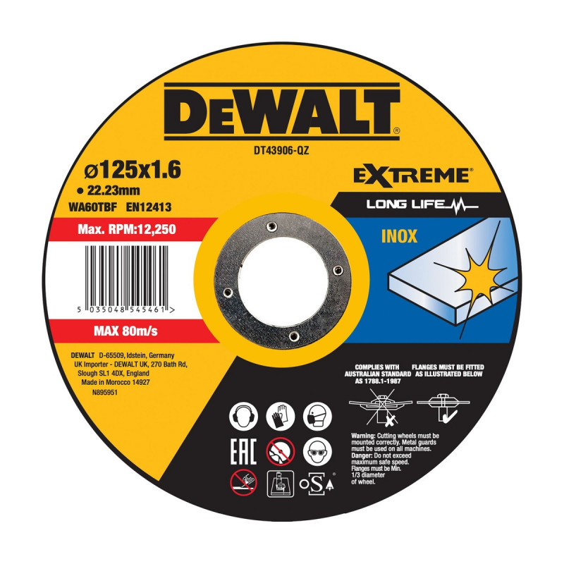 Disque à tronçonner l'inox 125 x 22,2mm - épaisseur 1.6mm - moyeu plat - diamètre 125mm Dewalt | DT43906-QZ