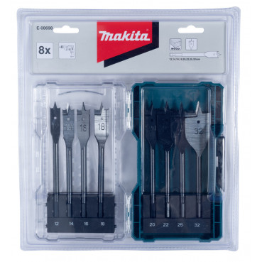 Coffret Makita Mèches Plates - diamètre 12 / 14 / 16 / 18 / 20 / 22 / 25 / 32mm - longueur totale 150mm - profondeur maxi de perçage 125mm - 8 pièce(s) | E-08698