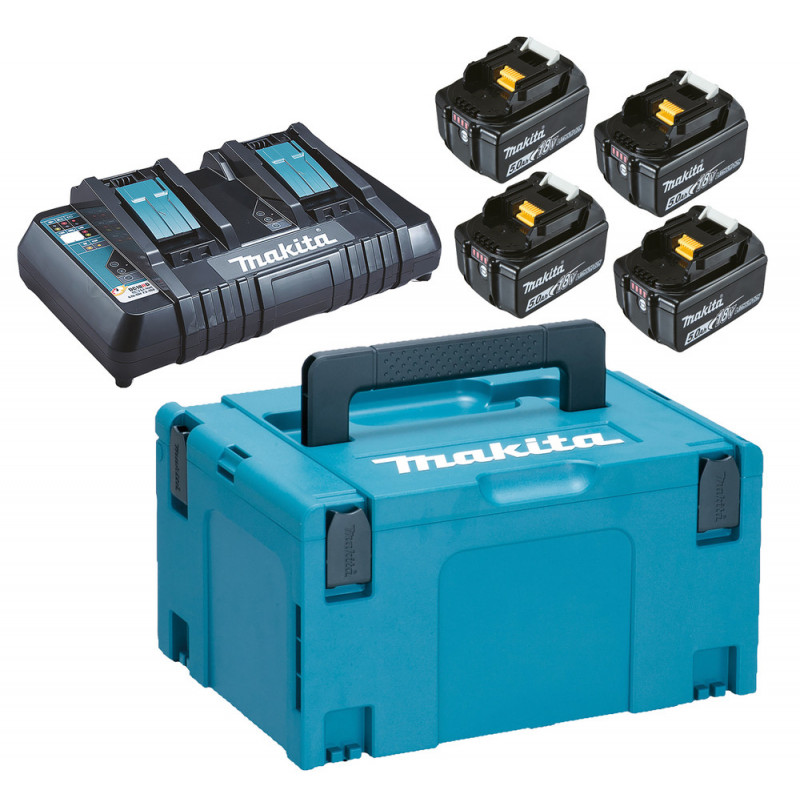 Pack Énergie Makita 18 Volts - sans fil Lithium (Li-Ion) (4 batteries + 1 chargeur Makita double) avec coffret MAK-PAC - charge moyenne 45min - 4 x 5 Ah | 197626-8