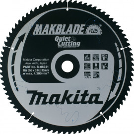 Lames carbure "Makblade Plus" Bois, pour scie radiale et à onglet - diamètre 355mm - coupe-saignée 3mm - 80 dents - alésage 30mm Makita | B-08741