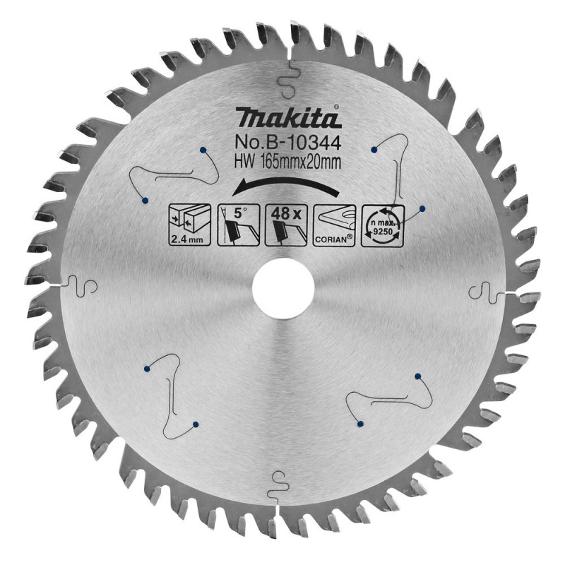 Lames carbures "Specialized" pour CORIAN, pour scie plongeante - diamètre 165mm - alésage 20mm - coupe-saignée 2,4mm - 48 dents Makita | B-10344