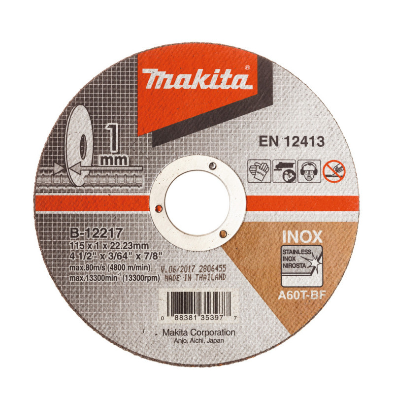 Disques à tronçonner le métal et l'inox pour meuleuse - diamètre 115mm - épaisseur 1mm - alésage 22,23mm - 5 pièce(s) - grain A60T - 41 Makita | B-12217