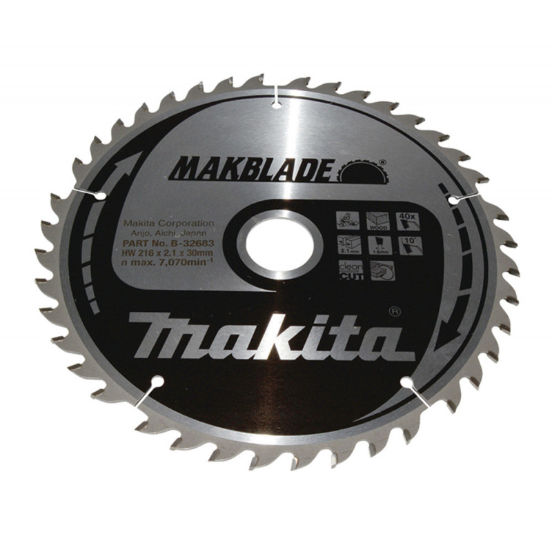 Lames carbure "Makblade" Bois, pour scie radiale et à onglet - diamètre 216mm - coupe-saignée 2,1mm - 40 dents - alésage 30mm Makita | B-32683