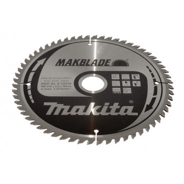 Lames carbure "Makblade" Bois, pour scie radiale et à onglet - diamètre 216mm - coupe-saignée 2mm - 60 dents - alésage 30mm Makita | B-32839