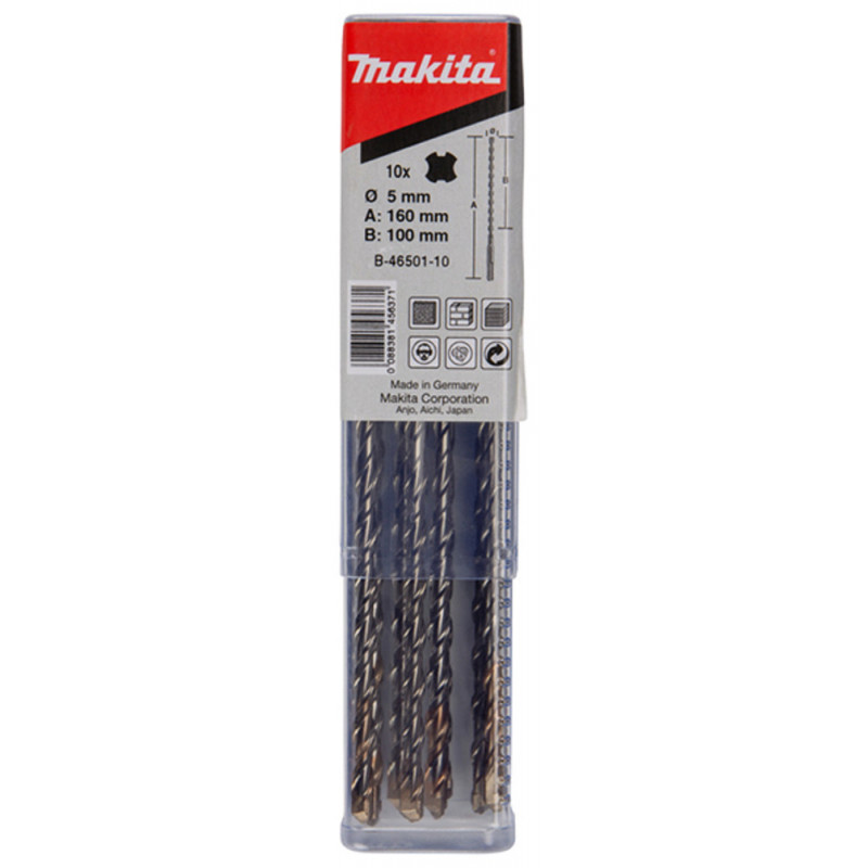 Foret béton Makita SDS-Plus 2 taillants V-Plus - diamètre 5mm - longueur totale 160mm - profondeur maxi de perçage 100mm - 10 pièce(s) | B-46501-10