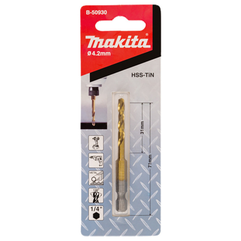 Foret court à métaux HSS-TiN, queue hexagonale 1/4" - diamètre 4,2mm - longueur totale 71mm - profondeur maxi de perçage 31mm Makita | B-50930