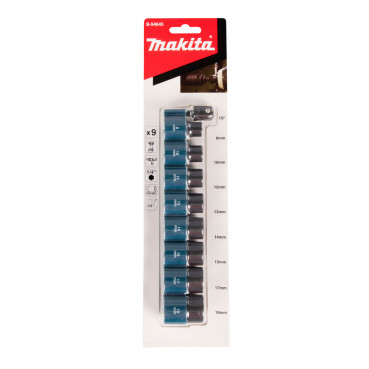 Ensemble de 8 douilles pour visseuse à chocs - diamètre 8, 10, 12, 13, 14, 15, 17, 18mm - longueur totale 38mm Makita | B-54645