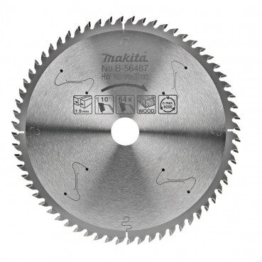 Lame carbure "Specialized" pour bois, pour scie radiale à batterie - diamètre 165mm - alésage 20mm - coupe-saignée 1,9mm - 64 dents Makita | B-56487