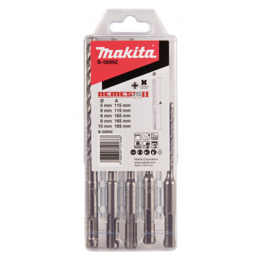 Coffret 5 forets béton Makita SDS-Plus 4 taillants TCT Nemesis II - diamètre 5 / 6,0 / 8,0 / 10,0mm - longueur totale 115 / 165mm - profondeur maxi de perçage 50 / 110mm - 5 pièce(s) | B-58992