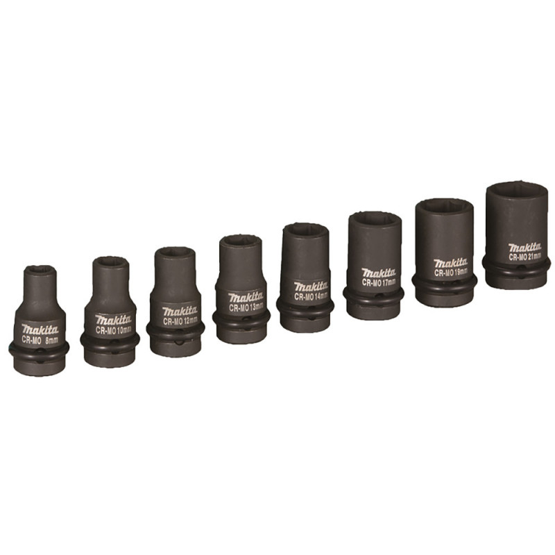 Coffrets 9 douilles pour boulonneuse à chocs 1/2" - diamètre 8, 10, 12, 13, 14, 16, 17, 19, 21mm - longueur totale 38mm Makita | B-66232