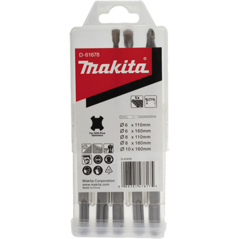 Coffret de 5 forets béton Makita SDS-Plus 2 taillants - diamètre 6 / 8,0 / 10,0mm - longueur totale 110 / 160mm - profondeur maxi de perçage 50 / 100mm - 5 pièce(s) | D-61678