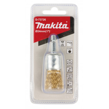 Brosse pinceau à fils laiton - diamètre 24mm - filetage 1/4" Hex MZ - diamètre du fil 0,3mm Makita | D-73726