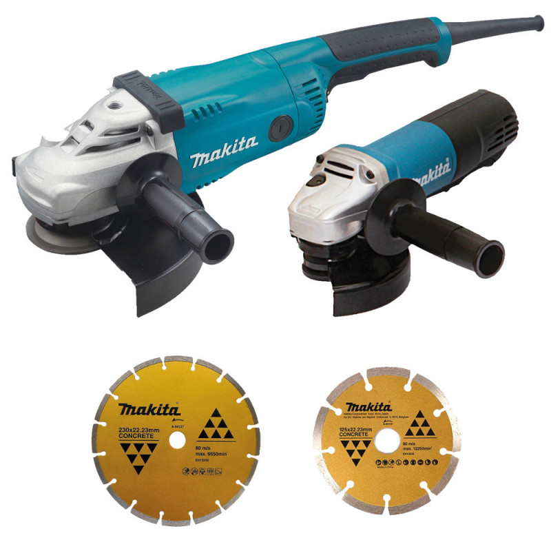 Ensemble pack de 2 machines Makita (kit d'accessoires) (GA9020 + 9558HNRG) - 840 / 2200 Watts - filetage M14 - diamètre 125/230mm | DK0053GX2-P