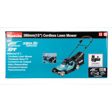 Tondeuse Makita 38cm LXT 36 Volts 2 x 18 Volts - sans fil Lithium (Li-Ion) - 4 Ah - 38cm - 40 L - diamètre lame 38cm - hauteur tonte 20 à 75mm - surface tonte 560m² | DLM382CM2