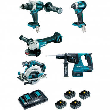 Ensemble pack de 5 machines Makita 18 Volts - sans fil Lithium (Li-Ion) 5 Ah (DTD154 + DGA506 + DHR243 + DHS680 + DHP481) - charge moyenne 45min | DLX5038PTJ