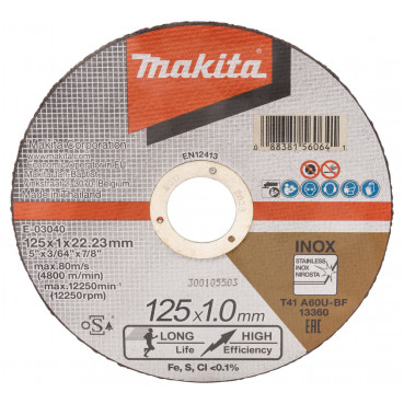 Disques à tronçonner le métal et l'inox pour meuleuse - diamètre 125mm - épaisseur 1mm - alésage 22,23mm - 1 pièce(s) - grain A60U - 41 Makita | E-03040