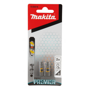 Embout pour vissage à chocs (Impact Premier) 25mm TORX - T20, Hexa 1/4" - 2 pièce(s) Makita | E-03218