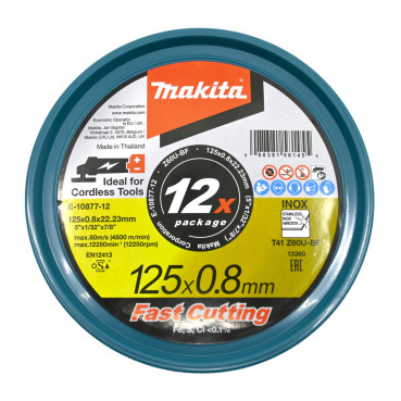 Disques à tronçonner le métal et l'inox pour meuleuse à batterie - diamètre 125mm - épaisseur 0,8mm - alésage 22,23mm - 12 pièce(s) - grain Z60U - 41 Makita | E-10877-12